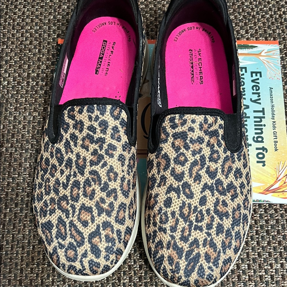 Skechers Women's Black and Tan Leopard Slip-On Sneakers